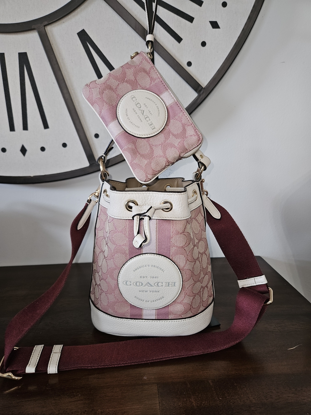 Coach Pink Signature Drawstring Bucket Bag with Wristlet